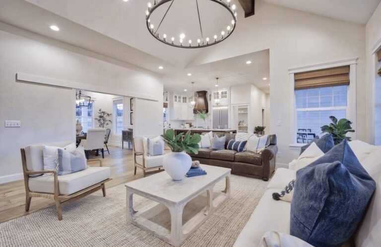 Recessed lighting layout for living room with evenly spaced ceiling lights